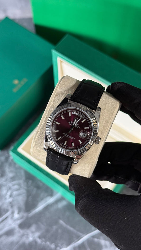 RLX DAY-DATE (NEGRO/BURDEOS) CORREA CUERO 36MM